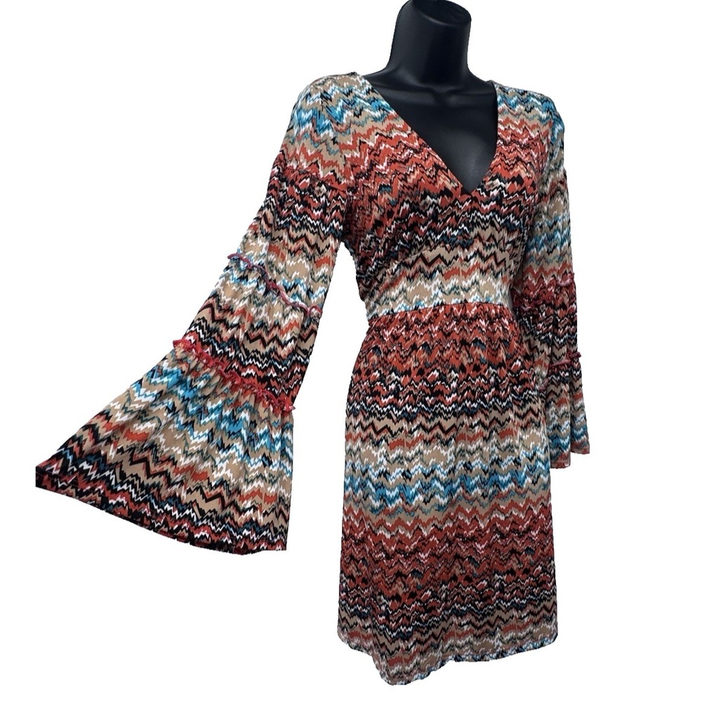 Rustic West Dress Western V-Neck Bell Flare Sleeve stretch country artsy boho S‎